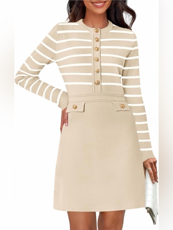 Merokeety Dresses & Skirts - A93 MEROKEETY Beige Striped Long Sleeve Button-Front Mini XL Sweater Dress NWT